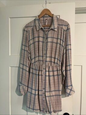 Free People Beige and Blue Plaid Button-Front Dress